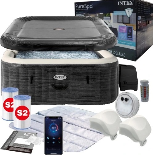 ג׳קוזי מתנפח ל‑4 אנשים INTEX 28450 עם 140 ג׳טי בועות, חימום מהיר, דפנות FiberTech וחיטוי מים טבעי