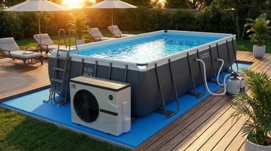 התקנת משאבת חום אינוורטר 10KW לבריכת אינטקס בחצר ביתית.