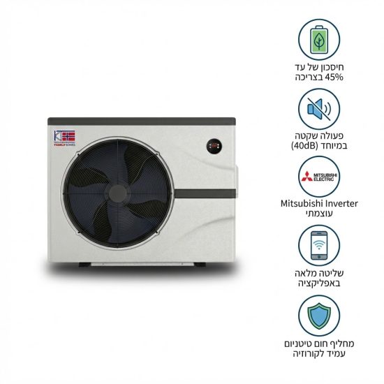 אינפוגרפיקה טכנית משאבת חום קלימטקניק KT8 המציגה חיסכון בחשמל ומדחס מיצובישי