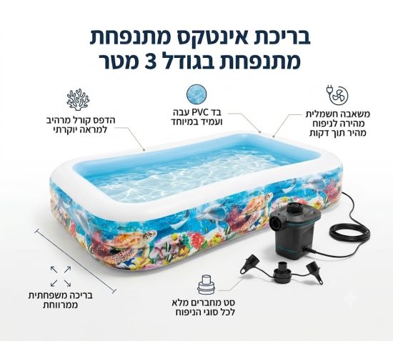 בריכה משפחתית מתנפחת אינטקס 3 מטר כולל משאבה חשמלית